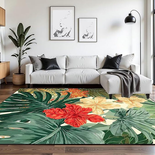 6' x 9' Tropical Plant Rug Summer Jungle Floor Mat Palm Leaf Hibiscus Flower Carpet Living Dining Room Bedroom Porch Playroom Nursery Doormat Room Decor