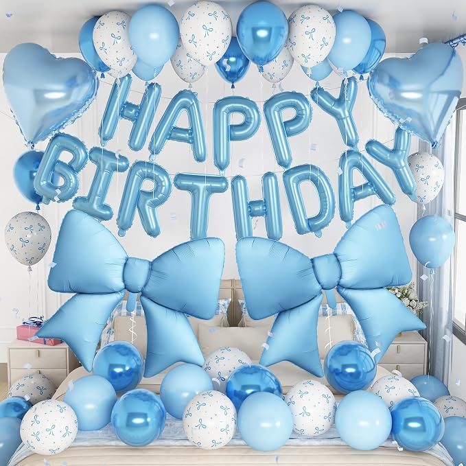 Blue Bow Birthday Decorations Pastel Baby Light Blue Metallic White Bows Print Party Balloon Happy Birthday Banner 38 In Coquette Foil Balloons Heart Balloon for Men Boys Bday Party Supplies