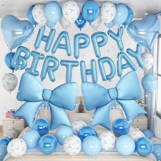 Blue Bow Birthday Decorations Pastel Baby Light Blue Metallic White Bows Print Party Balloon Happy Birthday Banner 38 In Coquette Foil Balloons Heart Balloon for Men Boys Bday Party Supplies