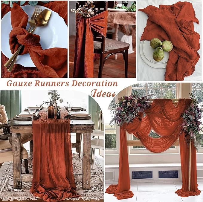 24 Pack Cheesecloth Table Runner, 35x120 Inch Terracotta Table Runners Rustic Burnt Orange Cheese Cloth Boho Gauze Semi Sheer Runner for Wedding Baby Shower Home Decor