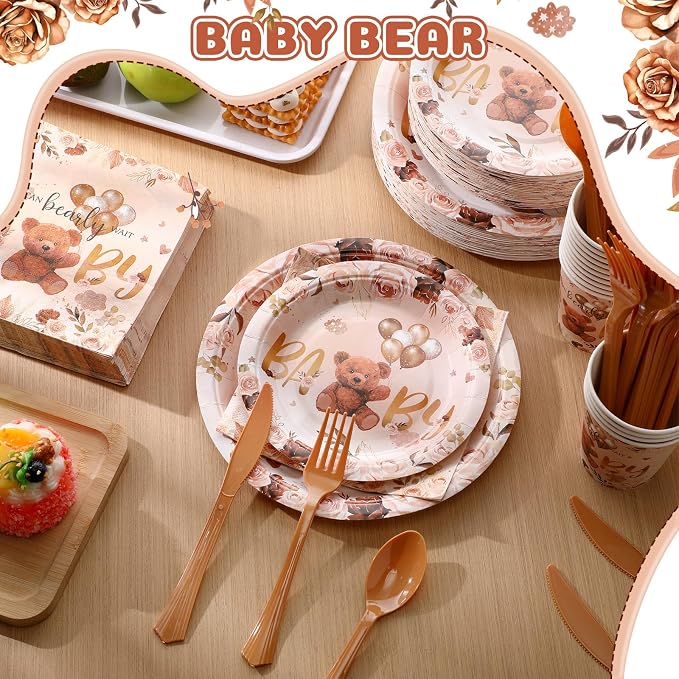 FillTouch 350 Pcs We Can Bearly Wait Bear Plates Baby Shower Party Supplies Set Disposable Paper Plates Napkins Cups Knives Forks Spoons for 50 Guests Baby Shower Party Birthday