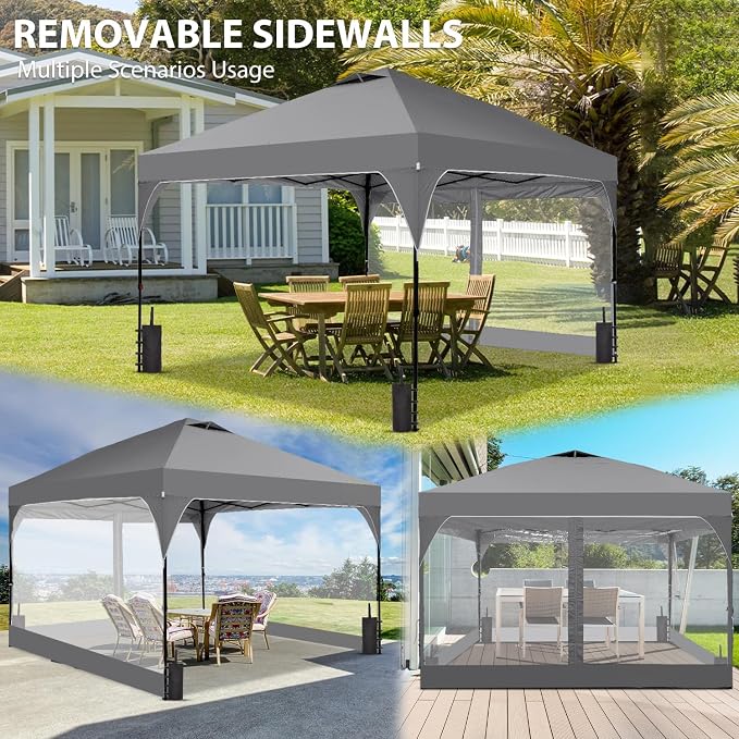 10x10FT Canopy Tent, 1-Button Push Instant Pop Up Canopy with 4 Sandbags, Easy Setup Outdoor Gazebo Shelter (Grey, 10x10 with PVC Sidewalls)