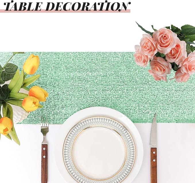 Sugargirl 10 Packs 12 x 72 inches Sequin Table Runner, Glitter Mint Green Table Runner for Birthday Party Supplies Wedding Holiday Celebration Event Decorations