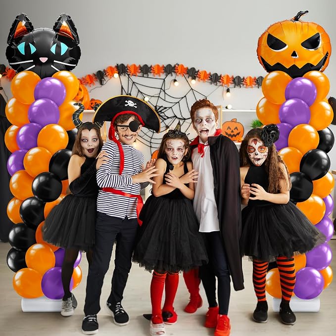 Kasyat 2 Set Halloween Balloon Column Stand Kit with Cat Head Scary Pumpkin Foil Balloon Orange Black Purple Arch Garland Kit for Spooky Birthday Party Halloween Theme Decoration