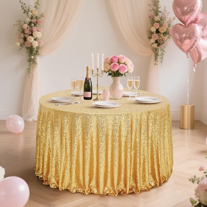 Eternal Beauty Gold Tablecloth, 120 Inch Round Sequin Tablecloth for Valentines Party Cake Dessert Table Exhibition Events