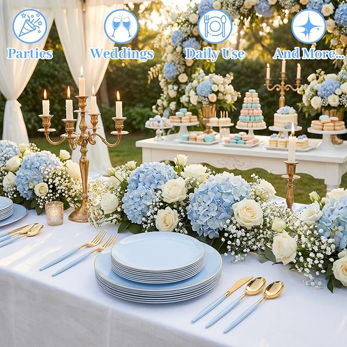 DaYammi 150Pcs Blue Plastic Plates with Gold Rim,Disposable Blue Party Plates Include 30 Dinner Plate,30 Salad Plate,30 Forks,30 Knives,30 Spoons,Fancy Disposable Platos for Party,Wedding,Baby Shower