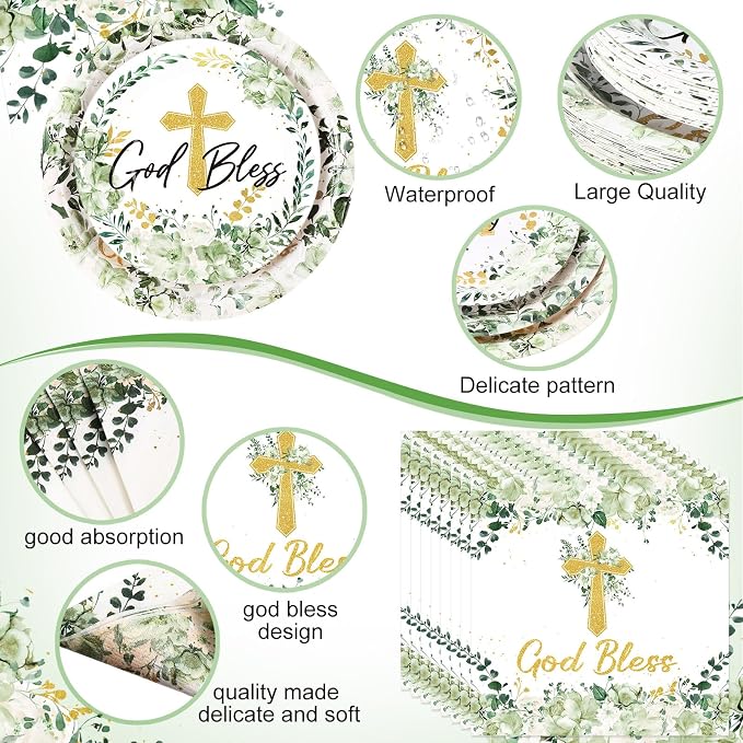 Pickmesh 250 Pcs God Bless Baptism Party Supplies Sage Green Disposable Paper Plates Napkins Cups Set for First Holy Communion Christening Baby Shower Religious Celebration Serves 50