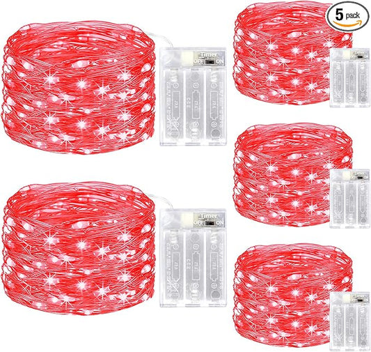 kolpop 5 Pack Fairy Lights Battery Operated with Timer, 50 LED Mini String Light Battery Powered, Red Tiny Lights for Indoor Wedding Decorations