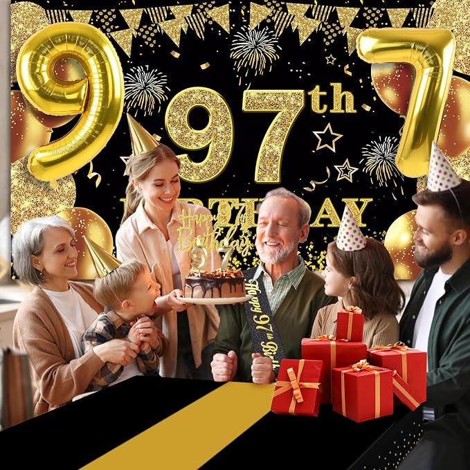 97th Birthday Decorations Men Women with 97th Birthday Banner, Black and Gold Table Cloth, Number Balloons, Large Sash, Cake Topper and Candles