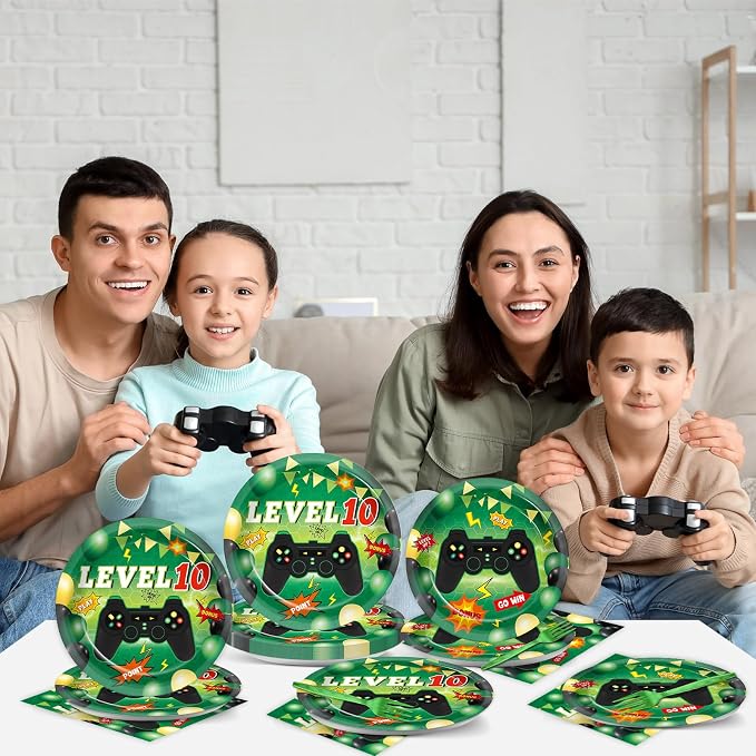 96Pcs 10th Birthday Video Game Party Decorations Green 10th Plates and Napkins Tableware Set Level 10 Dinnerware Party Supplies for Boys Gamer Gaming 10 Year Old Birthday Favors Serves 24 Guests