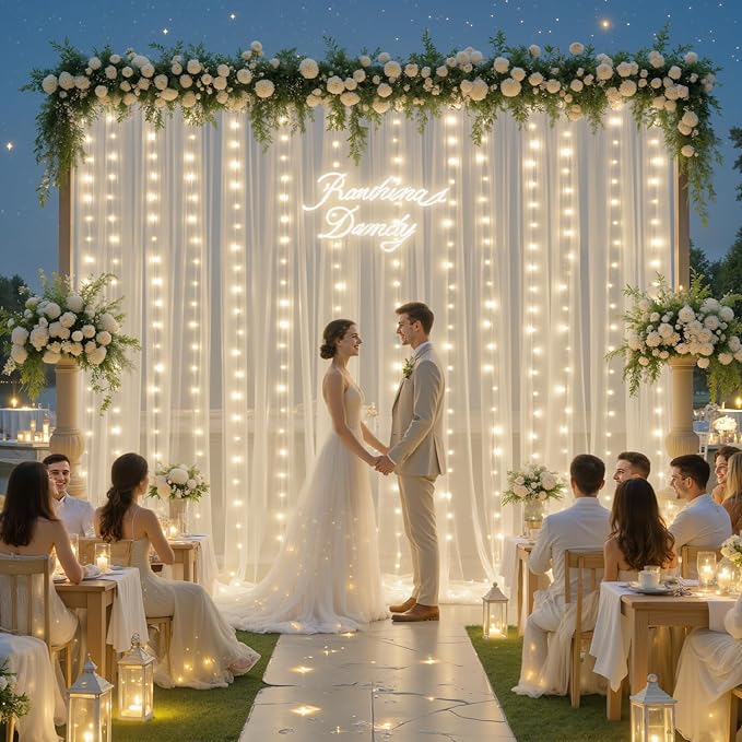 Ivory Sheer Backdrop Curtains with Lights String for Parites Wedding 10×8ft Tulle Backdrop Curtains for Baby Shower Birthday Party Photo Shoot Background Decorations