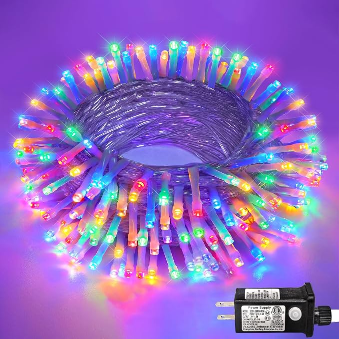 120 LED Christmas Lights Outdoor Indoor, 40 FT Christmas String Lights 8 Modes, Clear Wire Plug in Twinkle Fairy Lights for Patio Tree House Holiday Party Decorations, Multicolor