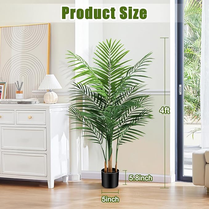 Artificial Palm Tree Indoor 4ft, Large Fake Tropical Areca Palm Tree with 13 Trunks, Tall Faux Floor Plants for Indoor Outdoor-Living Rooms, Offices, Bedroom Home Decor