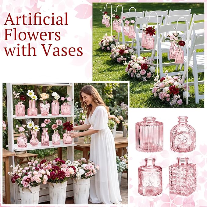 36 Pcs Artificial Flowers Table Centerpiece with Vases Colorful Wildflower Centerpieces Silk Flower Arrangement for Wedding Baby Shower Table Centerpieces Party(Multi Color,Pink)