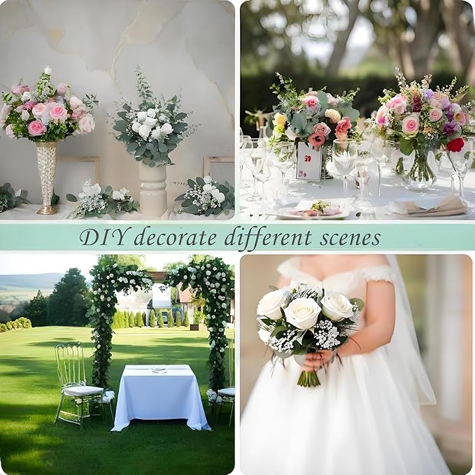 Longer Size 60pcs Mixed Artificial Green Plants with Faux Eucalyptus Stems,Greenery Stems,White Roses Wedding Florals Artificial Flowers,Eucalyptus Garland for Decor