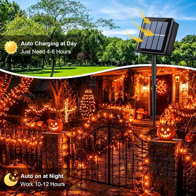QITONG Solar Halloween String Lights, 2 Pack Each 33ft 100 LED Orange Fairy Lights Outdoor Waterproof, Green Wire Twinkle Light with 8 Modes for Outside Halloween Party Decor