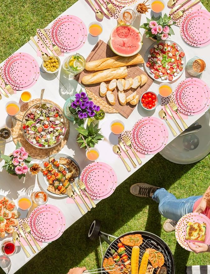 Nkaiso 141 Pieces Pink and Gold Party Supplies, Disposable Party Decorations Sets Include Paper Plates Napkins Cups, Plastic Forks Knives Spoons, for Baby Shower Birthday Wedding -20 Guests