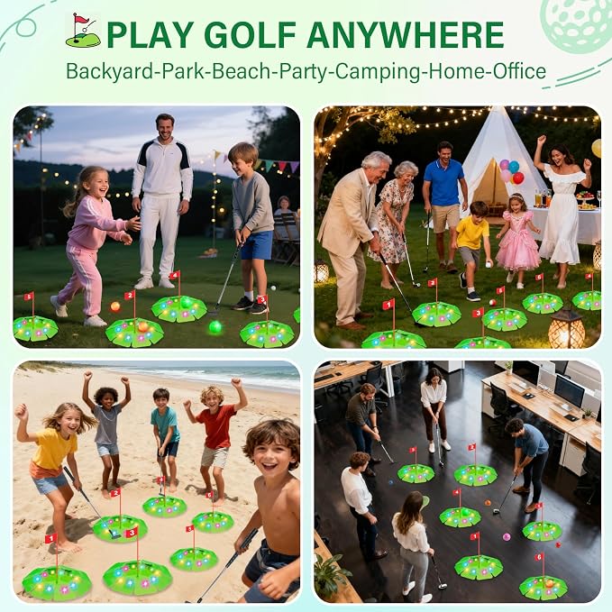 TERRAMUS Light Up Golf Play Set - Upgraded Kids Toy Golf Putting Game Set with 6 LED Targets, 2 Clubs, 6 Balls (2 Glow), Night Golf Toys Gifts for Kids Golfers Family Indoor Outdoor Beach Lawn Park
