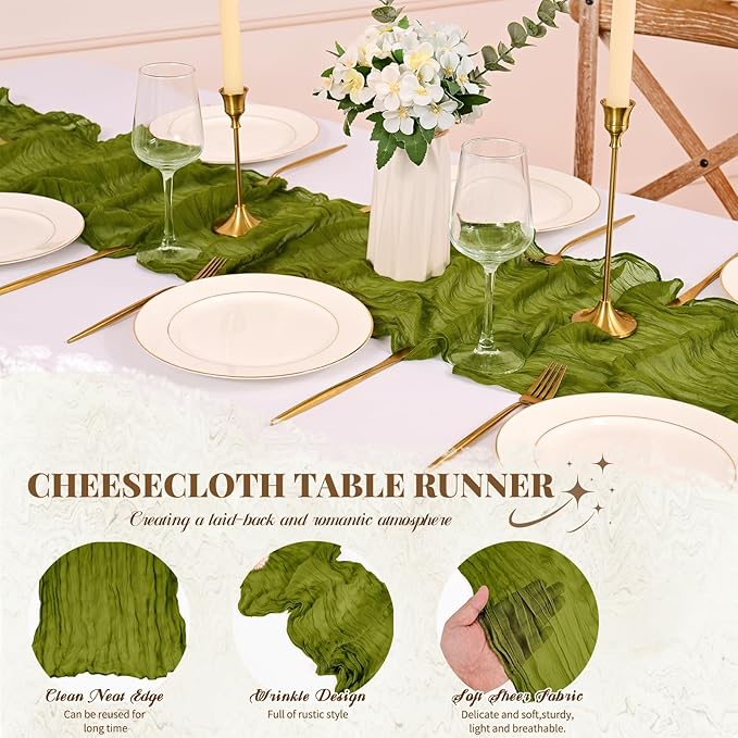 12 Pack Cheesecloth Table Runner,Olive Green Table Runner Long Romantic Semi Sheer Rustic Boho Gauze Table Runners for Wedding Bridal Shower Birthday Party Decorations(17.7×108 Inch)