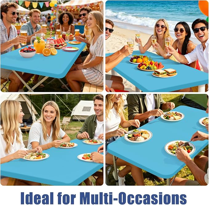 Moosfor Spandex 8 Foot Rectangle Table Cloth 4 Pack, Elastic Fitted Tablecloths for Picnic, Stretch Washable Patio Table Cover for Outdoor, Camping, Banquet and Parties (Blue Mist, 30"x96")