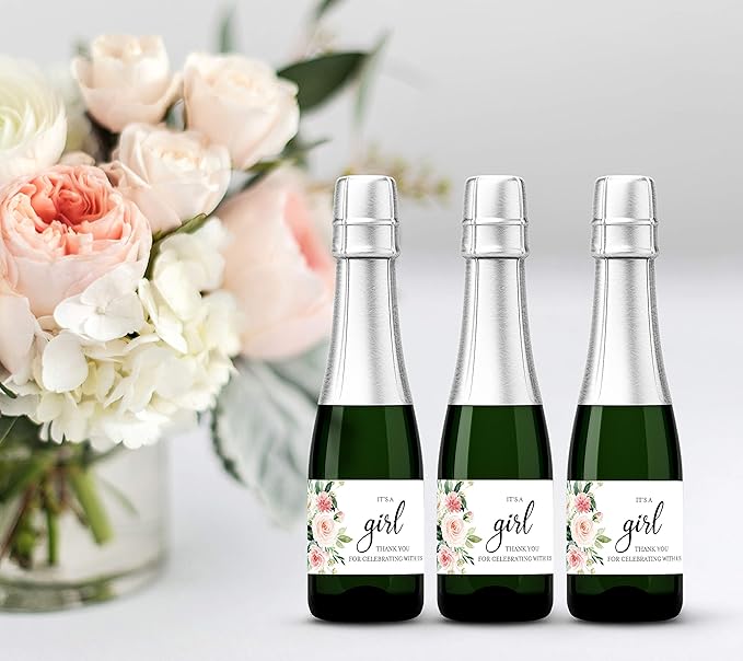 It’s a Girl Mini Champagne Bottle Labels ● SET of 12 ● Pink Baby Shower Mini Champagne Label, About to POP Thank You for Celebrating with us Favors Stickers Gender Reveal WATERPROOF (Floral)