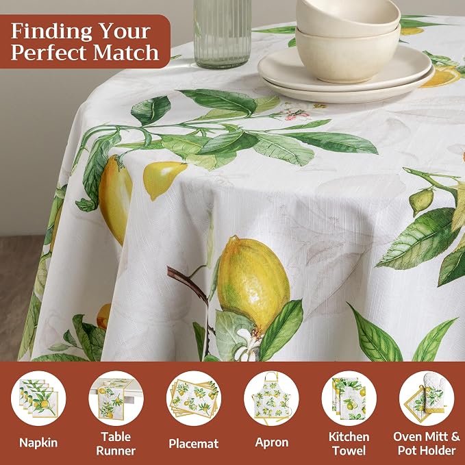 Maison d' Hermine Table Cloth Round Table 100% Cotton 63 Round Inches Tablecloth Reusable Decorative for Dining Kitchen Room Farmhouse Party Home Hotel Restaurant Spring Summer - Limoncello