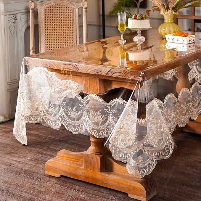ARTABLE Vinyl PVC Rectangle Tablecloth Waterproof Clear Table Cover with Champagne Lace Macrame Border for Wedding Kitchen Home Outdoor Indoor Holidays Party Decor (Champagne-1, 52 x 70 Inch)