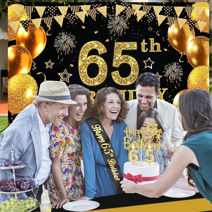 65th Birthday Decorations Men Women with 65th Birthday Banner, Black and Gold Table Cloth, Number Balloons, Large Sash, Cake Topper and Candles