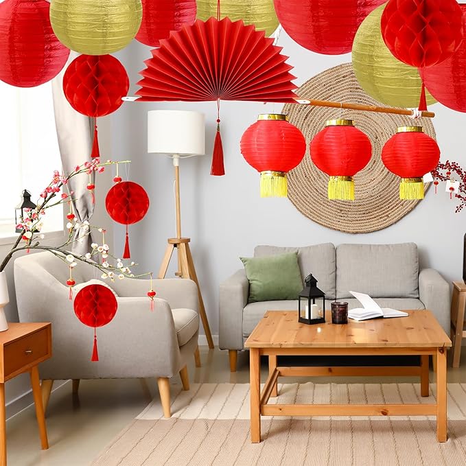 Winlyn 22 Pcs Chinese Lunar New Year Party Decorations Oriental Hanging Fans Red Gold Round Paper Lanterns Honeycomb Balls for Asian Chinese Vietnamese Tet The Year of Horse Home Wedding 2026 Decor