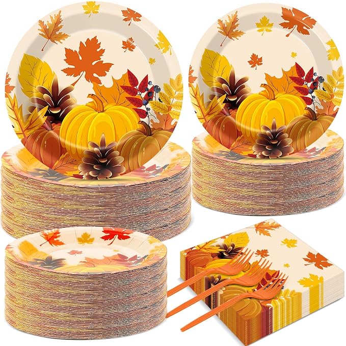 50 Guests Thanksgiving Fall Plates and Napkins Party Supplies Autumn Leaves Disposable Tableware Set Pumpkin Maple Party Decorations Favors for Fall Theme Birthday,200PCS