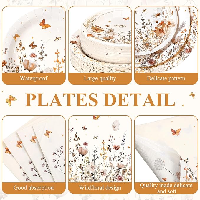 Ziliny 250 Pcs Wildflower Party Decorations Include Boho Autumn Fall Floral Paper Plates Napkins and Cups for Wildflower Baby Shower Tea Decorations, Serve 50 Guest
