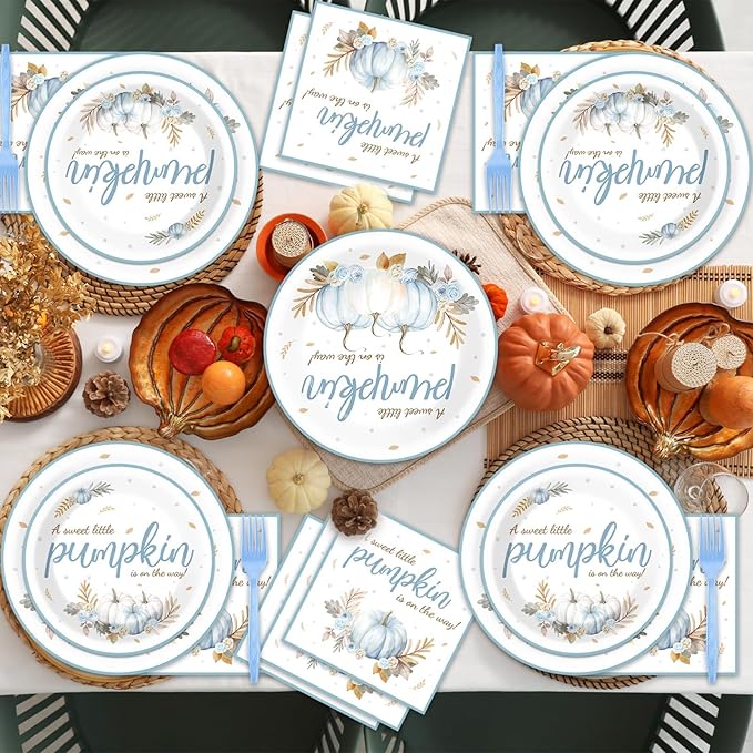 96Pcs Little Pumpkin Baby Shower Party Plates and Napkins, Fall Autumn Pumpkin Party Decorations for Boys Autumn Dessert Plates, Blue Thanksgiving Tableware Decor, Serves 24