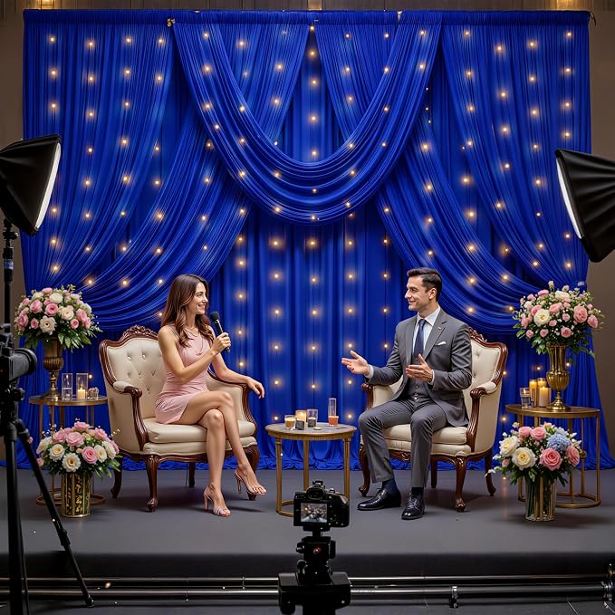 Royal Blue Backdrop Curtains with Lights for Parties,10x10FT Wrinkle Free Wedding Photo Backdrop Drapes Fabric for Baby Shower Birthday Ceremony Reception Home Party Decorations