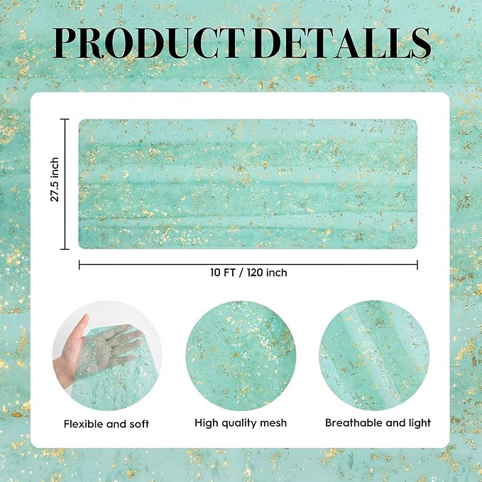 Artoid Mode 6Pcs Turquoise Gauze Gold Table Runner 10FT, Glitter Metallic Foil Sheer Dining Wedding Anniversary Holiday Table Decor for Home Party