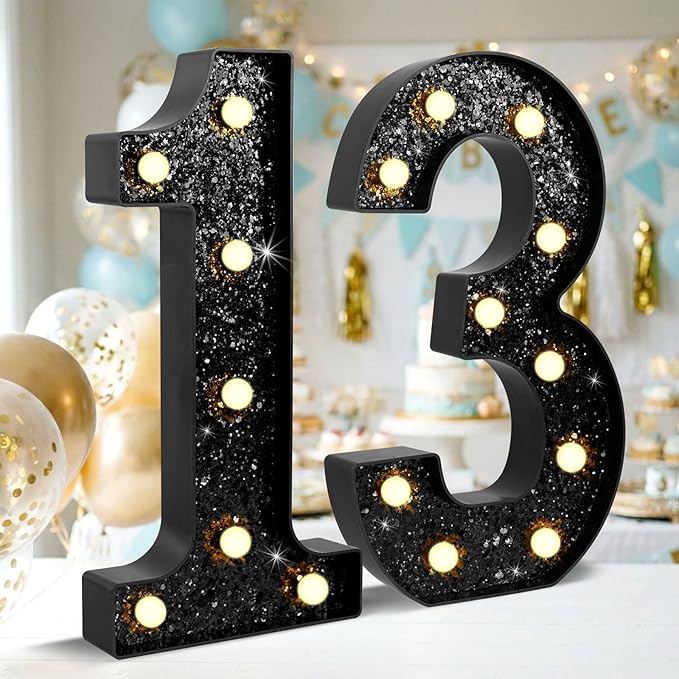 12.6 Inch LED Black Marquee Light Up Numbers, 13th Birthday Decorations Number Lights as Gifts for Girls Boys, Glitter Lighted Marquee Numbers for Black Anniversary Party Table Decor, 13