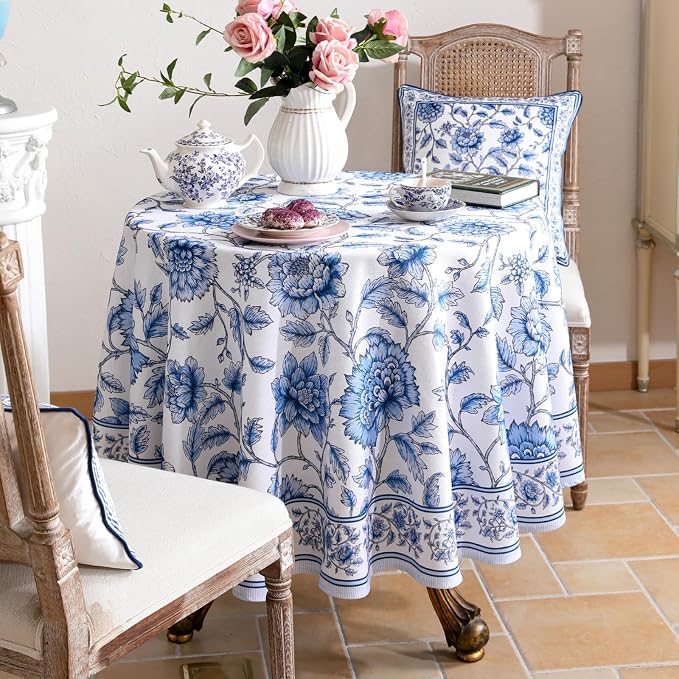 ISAENNE Designer French Linen Round Tablecloth,Diameter 55"-BlueWilow | Chinoiserie Vintage Elegant Table Cloth,Blue Floral Pattern,Beautiful,Dining Room,Kitchen,Tea Party,Thanksgiving,Decor