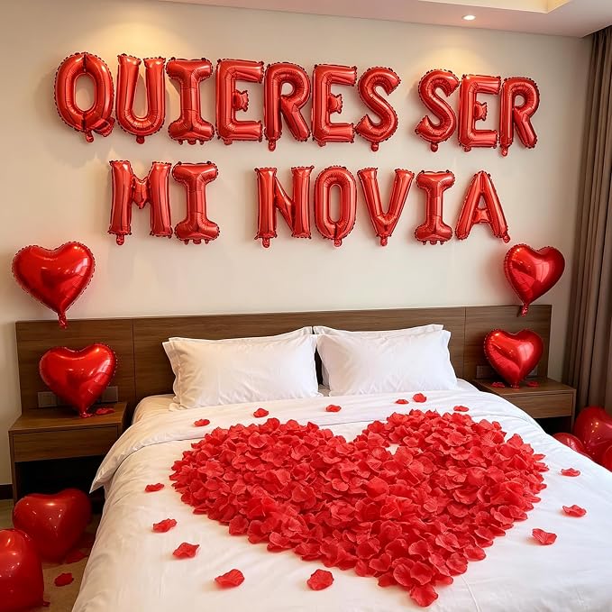 2 Set Red QUIERES SER MI NOVIA Balloons - 1200pcs Red Artificial Rose Petals 34pcs 16" Letter Balloon 10pcs 18" Heart Balloons Alphabet Foil Mylar Balloon for Valentines Day Decorations