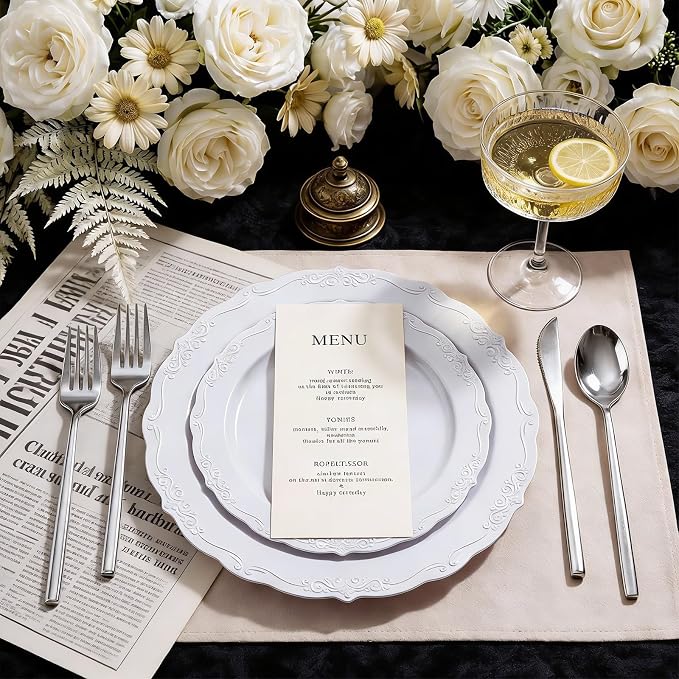 Tinybee 150PCS Silver Plastic Silverware - Heavy Duty Plastic Silverware, Luxury Silver Disposable Utensils - Elegant Disposable Utensil Include 50 Knives, 50 Forks, 50 Spoons for Party&Wedding