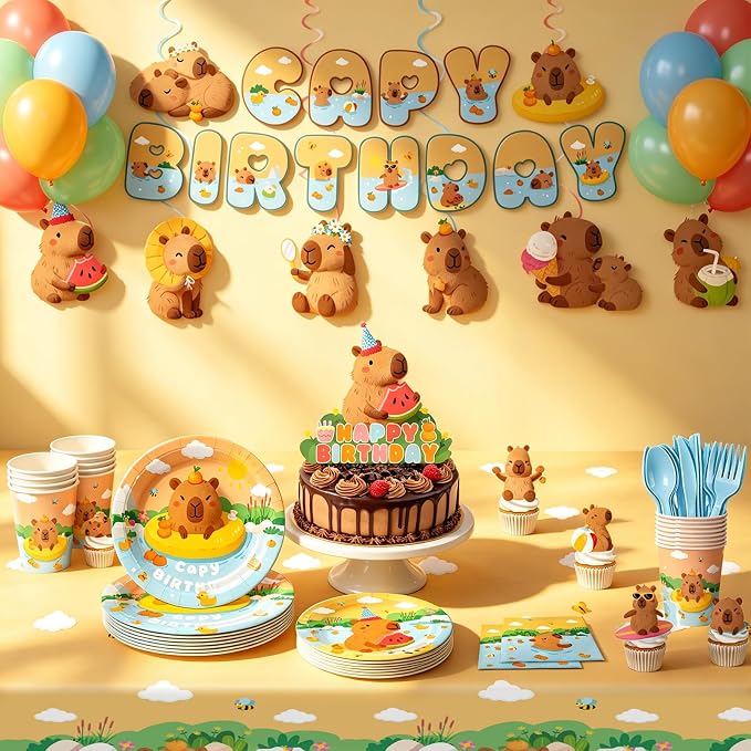 180pcs Summer Capybara Party Supplies Plates Tableware Set Include Plates, Napkins, Cups, Cutlery, Balloon, Banner, Cake Topper, Hanging Swirl, Tablecloth, Capybara Birthday Decorations Serve 20