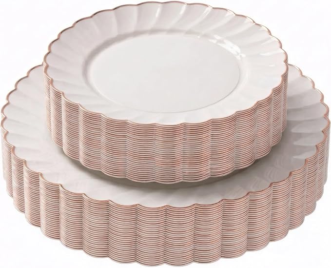 By Madee HEAVYWEIGHT 60 Pc Ivory Scalloped Plastic Plates with Rose Gold Trim | 30 Dinner & 30 Dessert Fancy Disposable Plates | Perfect for Weddings Bridal Showers or Any Special Moments (30 Guests)