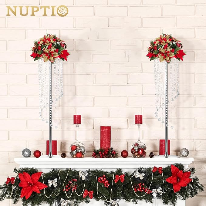 Nuptio 2 Pcs 35.4inch Tall Wedding Centerpieces Silver Vases Crystal Flower Vase Metal Flowers Stand for Party Tables Decorations - Elegant Bulk Weddings Decoration Table Chandelier Centerpiece stands