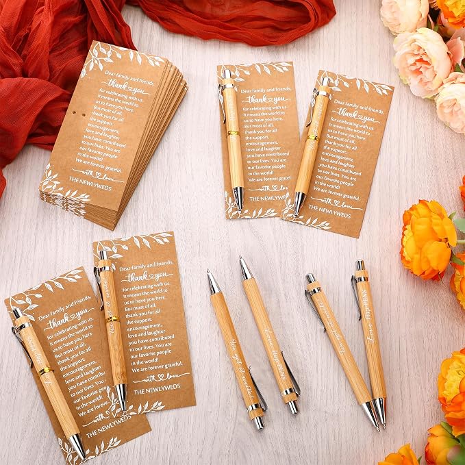 Affrolling 50 Sets Wedding Favors for Guests, Bamboo Pen Set with Thank You Cards, Guest Book & Sign In Table Pen Favors, Bridal Shower Party Favor Pens Bulk