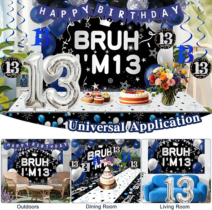 13th Birthday Decorations for Boys & Girls, 54 PCS Blue Black Party Decorations, 13 Year Old Boy Birthday Party Supplie with Banner Backdrop, Hanging Swirls, Tablecloth, Bruh I'm 13 Party Supplies