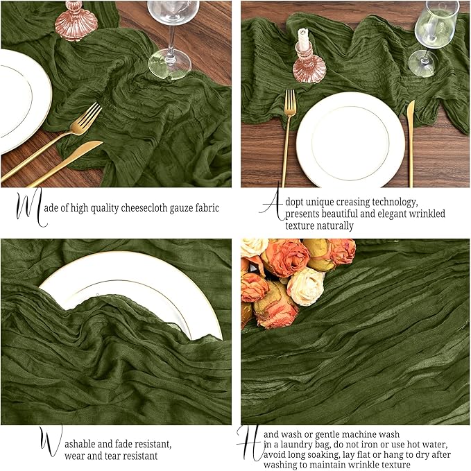 12 Pack Olive Green Table Runner 10Ft Cheesecloth Table Runner Rustic Gauze Table Runners Romantic Long Sheer Fabric Cheese Cloth Table Runners for Wedding Party Bridal Baby Shower