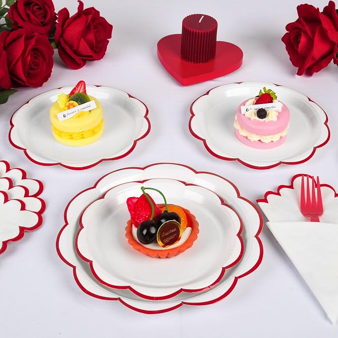 96 Pcs Red and White Paper Plates and Napkins Set, Tableware set for 24 Guest include White Dessert Plates with Red Scalloped Edge, Napkins and Forks for 4th of July, Baby Shower, Wedding, Birthday