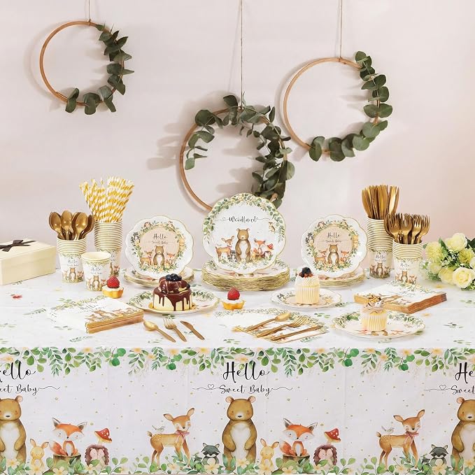 Funnymoom 452 Pcs Woodland Baby Shower Decorations for 50 Guests, Forest Animals Woodland Paper Plates Napkins Cups Tablecloth Cutlery Straws for Neutral Forest Animal Baby Shower Party Supplies