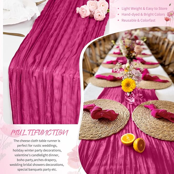4 Pack Fuschia Cheesecloth Table Runner 17 x 108 inch Boho Gauze Table Runner Rustic Sheer Cheese Cloth Table Decorations for Wedding Party Baby Bridal Shower Birthday Holiday Home