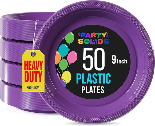Exquisite Party Solids Purple Plastic Plates For Party Supplies 9" Purple Disposable Plates Heavy Duty 50 Pcs Plastic Dinnerware Sets Heavy Duty 350 GSM Disposable Dinnerware Set