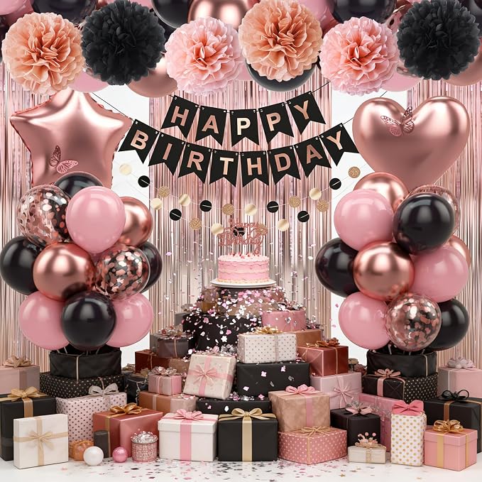 Rose Gold Black Birthday Party Decorations 12INCH Black Pink Rose Confetti Balloon Happy Birthday Banner Cake Topper Fringe Curtain Paper Pom Poms Butterfly Sticker 18INCH Heart Star Foil Girls Women
