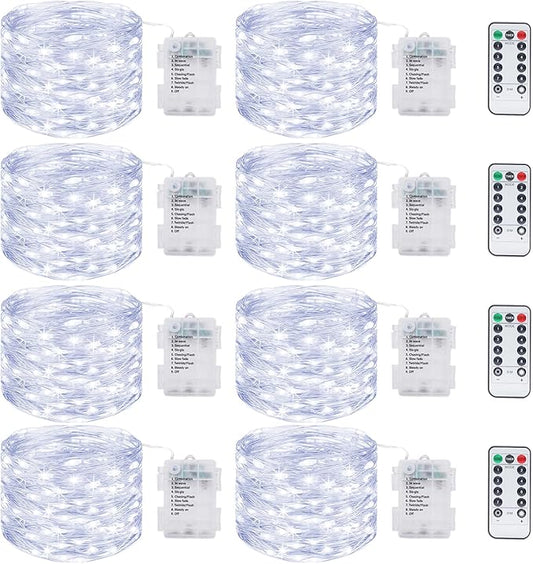 8 Pack Fairy Lights Battery Operated with Remote, Each 39Ft 120LED Battery Powered String Light with Timer, 8 Modes Waterproof Twinkle Christmas Lights for Bedroom Party Indoor Mason, Cool White